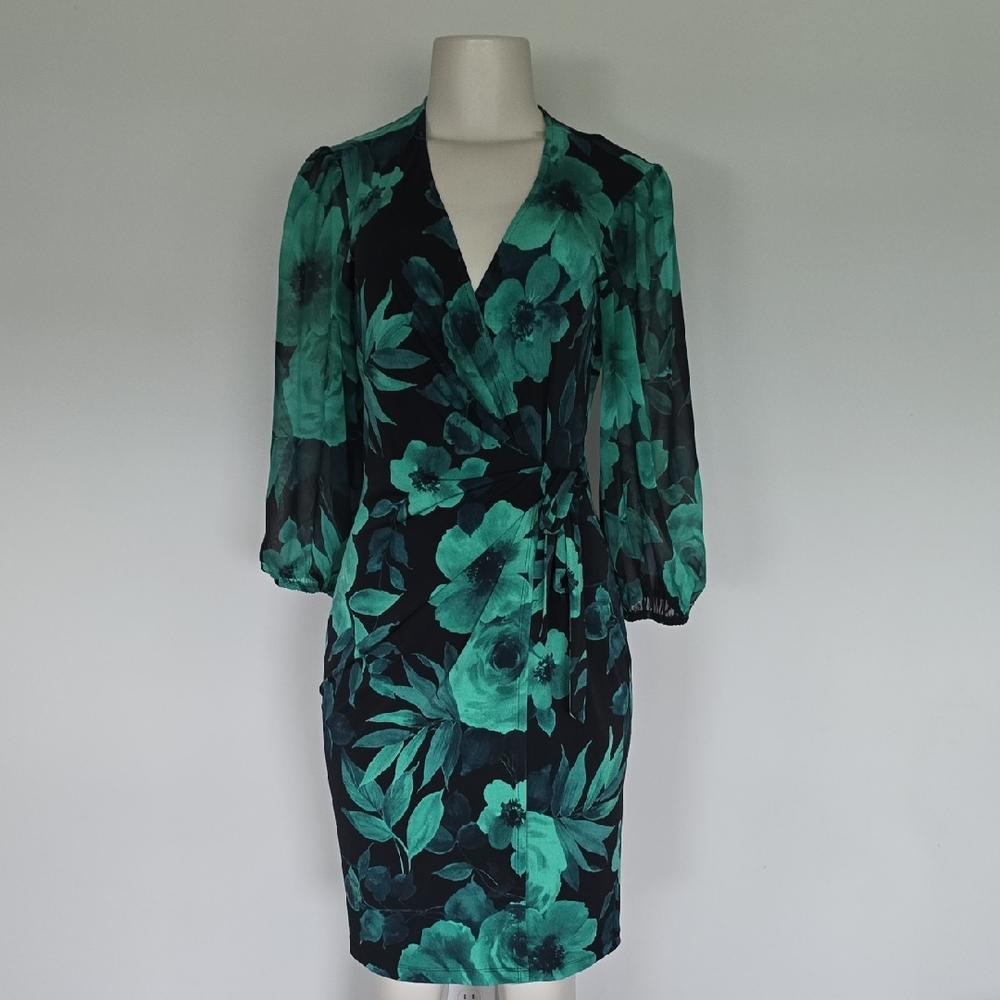 Connected Apparel black/green faux wrap floral print dress-4